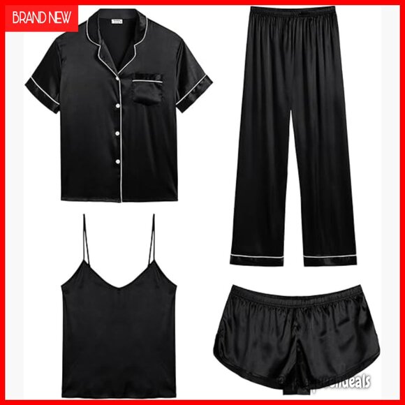 Silk Satin Pajama Set 4-Piece Cami Shorts Button Down Sleepwear